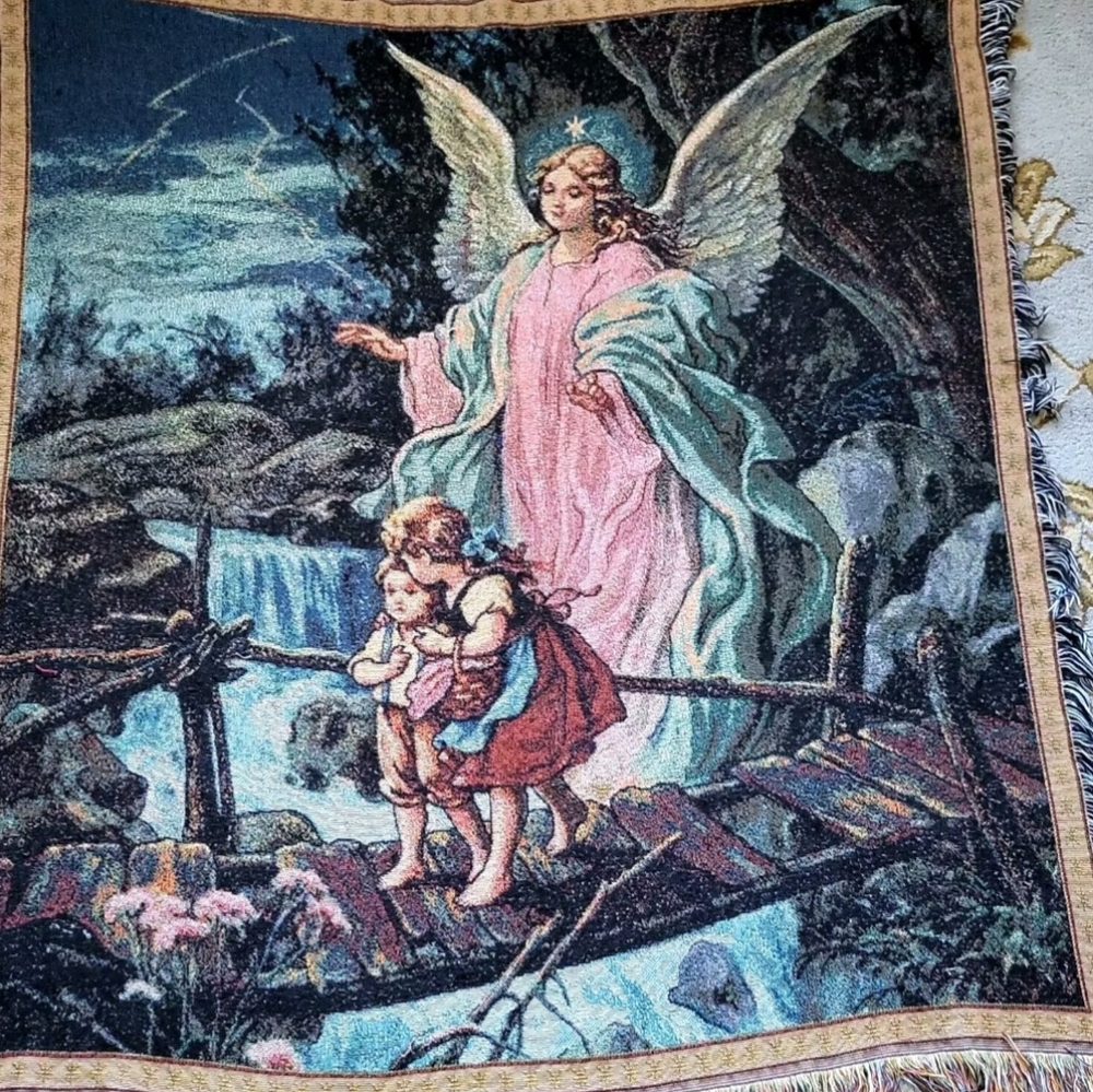 Guardian Angel & Children Crossing River Tapestry Throw 54"×48" Cotton Blend